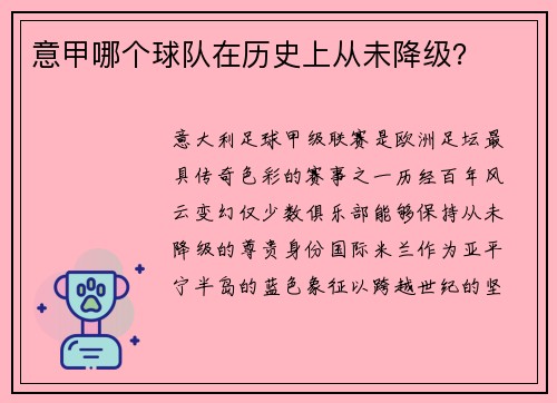 意甲哪个球队在历史上从未降级？
